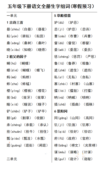 五年级语文下册会写字(生字表)组词、预习复习资料-拓空间学习分享