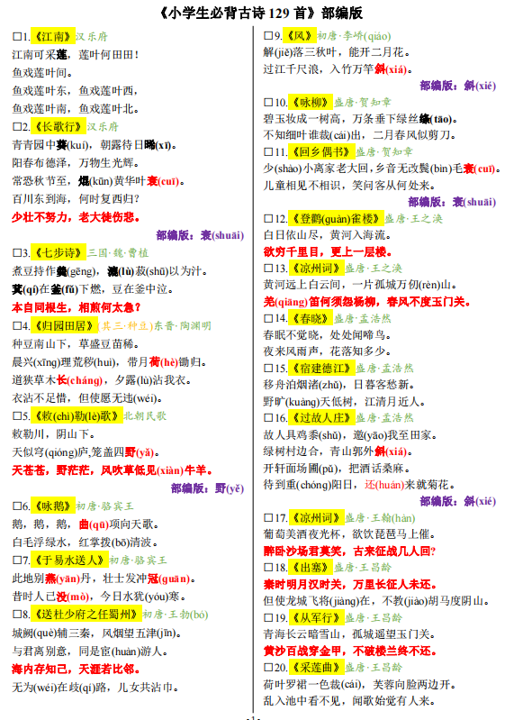 小学生必背古诗129首电子版-拓空间学习分享