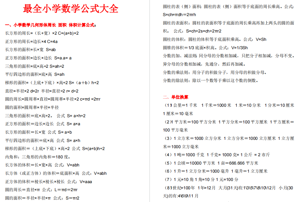 小学数学公式大全整理(完整版)-拓空间学习分享