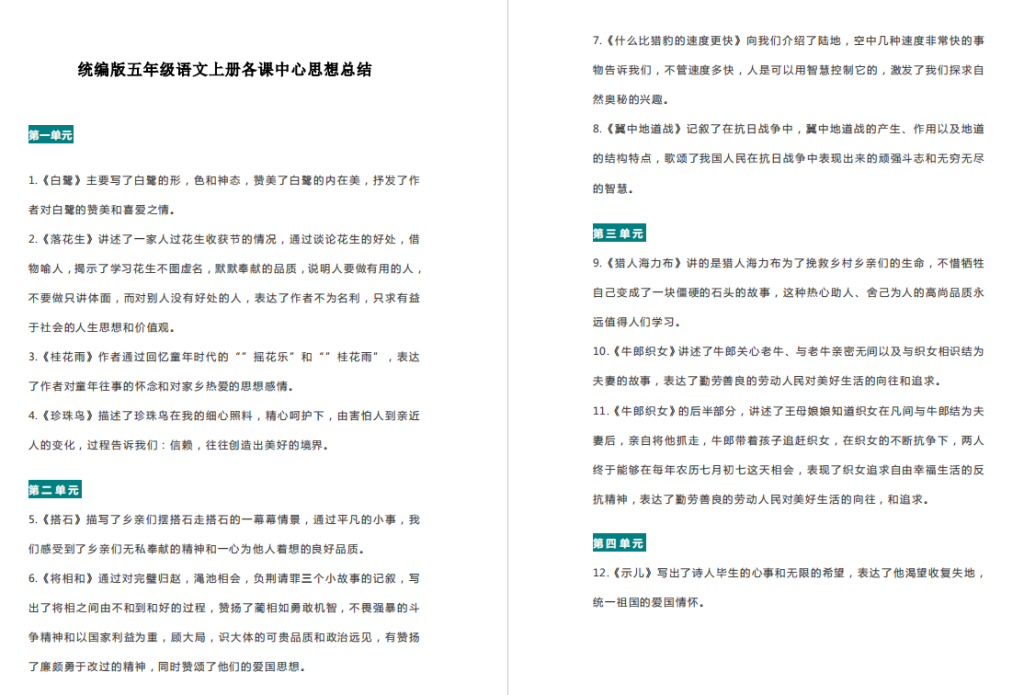五年级语文上册各课中心思想总结-拓空间学习分享