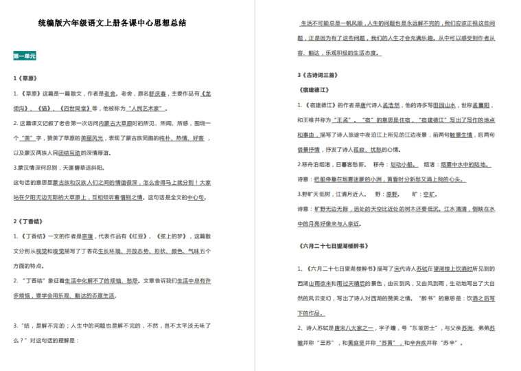 部编版六年级语文上册各课中心思想总结-拓空间学习分享