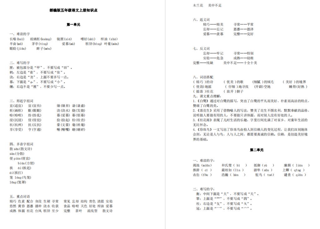 部编版五年级上册语文知识点总结电子版可打印-拓空间学习分享