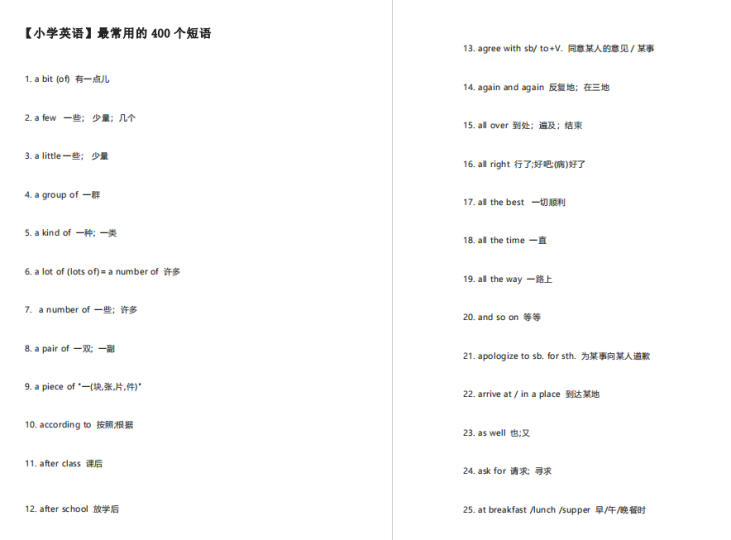 小学英语最常用的400个短语有哪些呢-拓空间学习分享