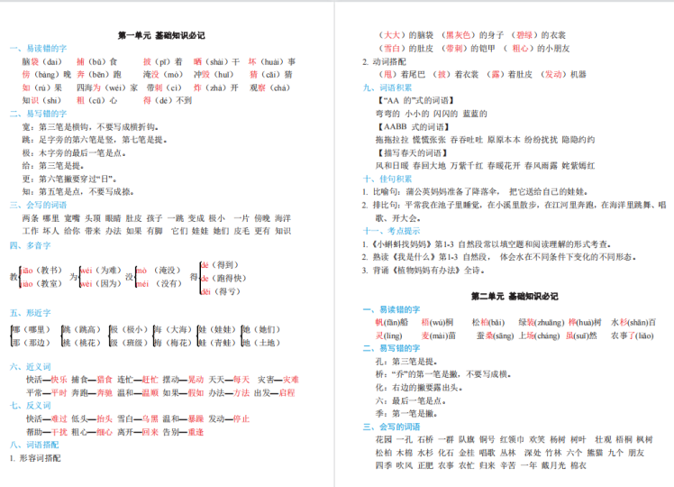 二年级上册语文基础知识必记、重点知识点总结电子版下载 可打印-拓空间学习分享