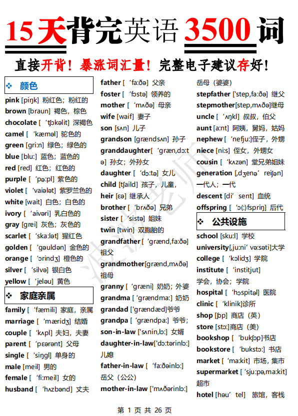 15天背完英语3500词完整电子版PDF下载-拓空间学习分享