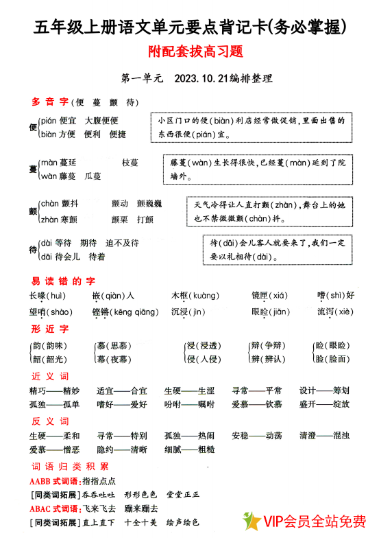 五年级语文上册期中重点知识点总结：1-4单元要点背记卡，附配套拔高习题-拓空间学习分享