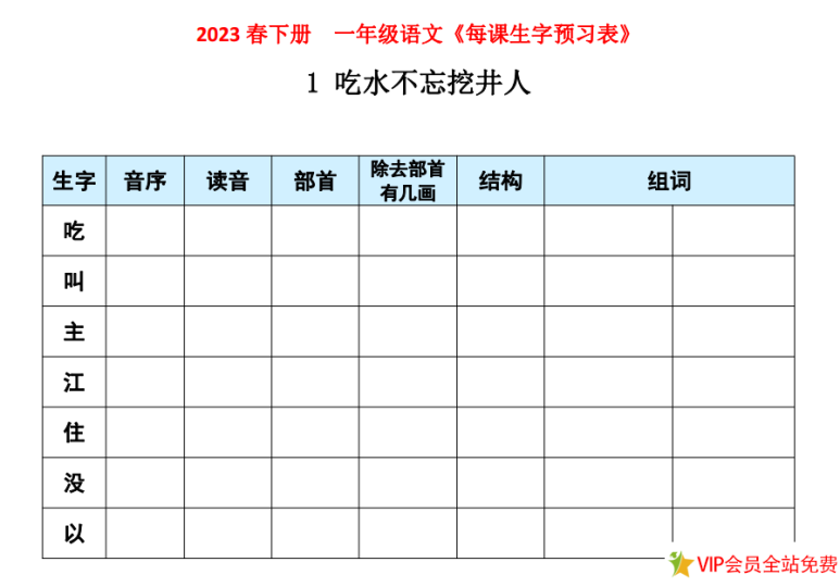 一年级下册语文生字预习表电子版下载 可打印-拓空间学习分享