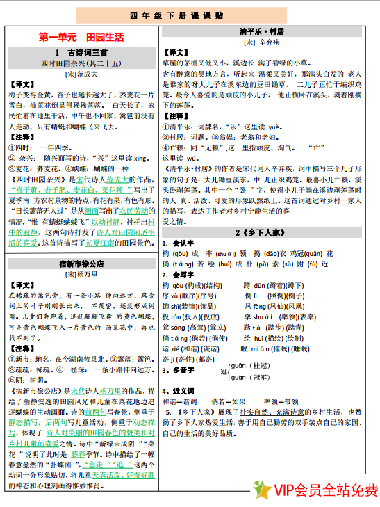 四年级下册语文课课贴电子版下载 可打印-拓空间学习分享