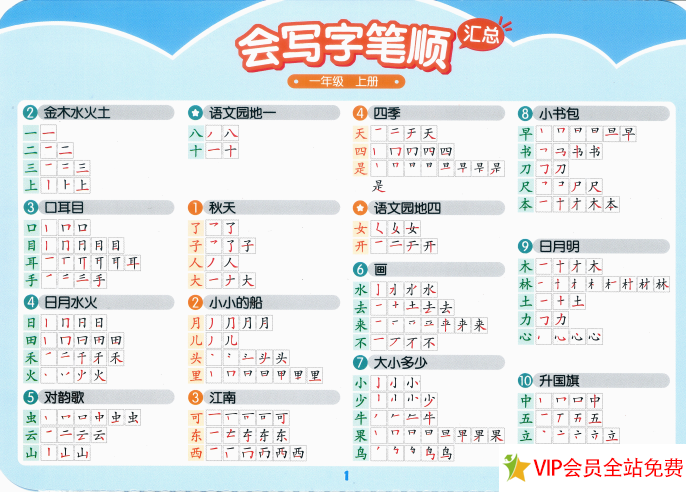 图片[3]-一年级上册会写字组词+会写字笔顺+两拼音节+三拼音节汇总卡片 可打印-拓空间学习分享