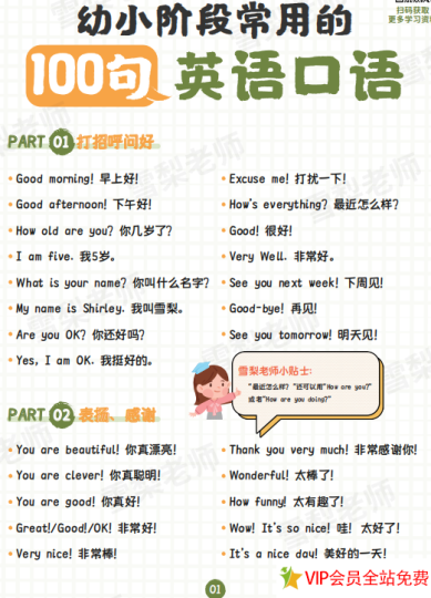 幼小阶段常用的100句英语口语表达 幼儿日常英语口语短句电子版-拓空间学习分享